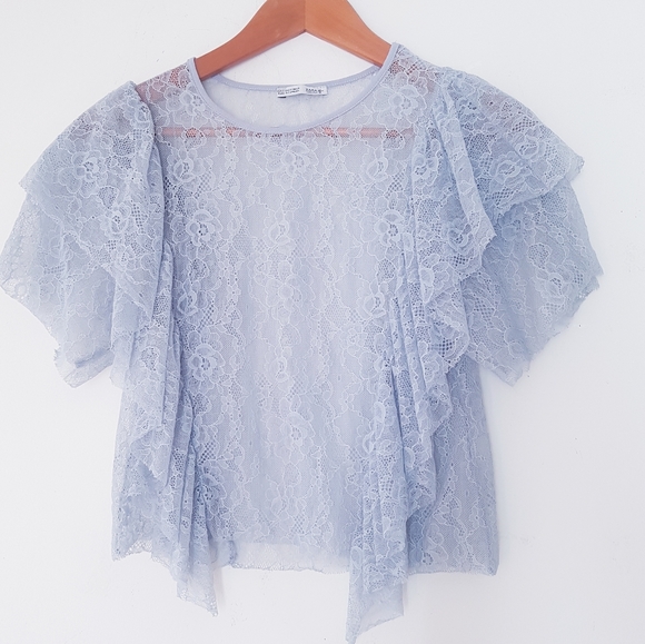 ZARA Blue Gray Ruffle Lace Cropped Top - Picture 4 of 10